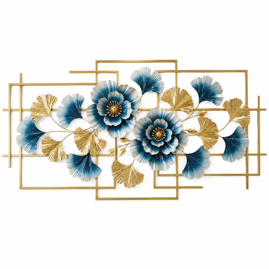 Modern Blue and Gold Metal Floral Wall Art